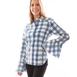 Scully Womens Cowgirl Rodeo Checker Bell Sleeve Blue 100% Cotton Small  Blouse